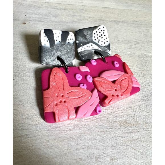 Handmade Polymer Clay Earrings Handcrafted Artwork Black White Pink - Picture 3 of 4